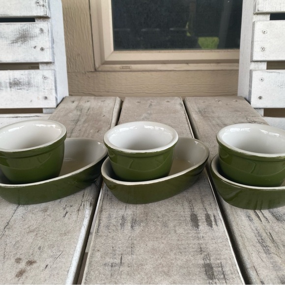 Hall Ceramic 6 Pc (3) 2081 Olive Green Boston Baker Dish (3) 352 Ramekin Cups - Picture 3 of 16
